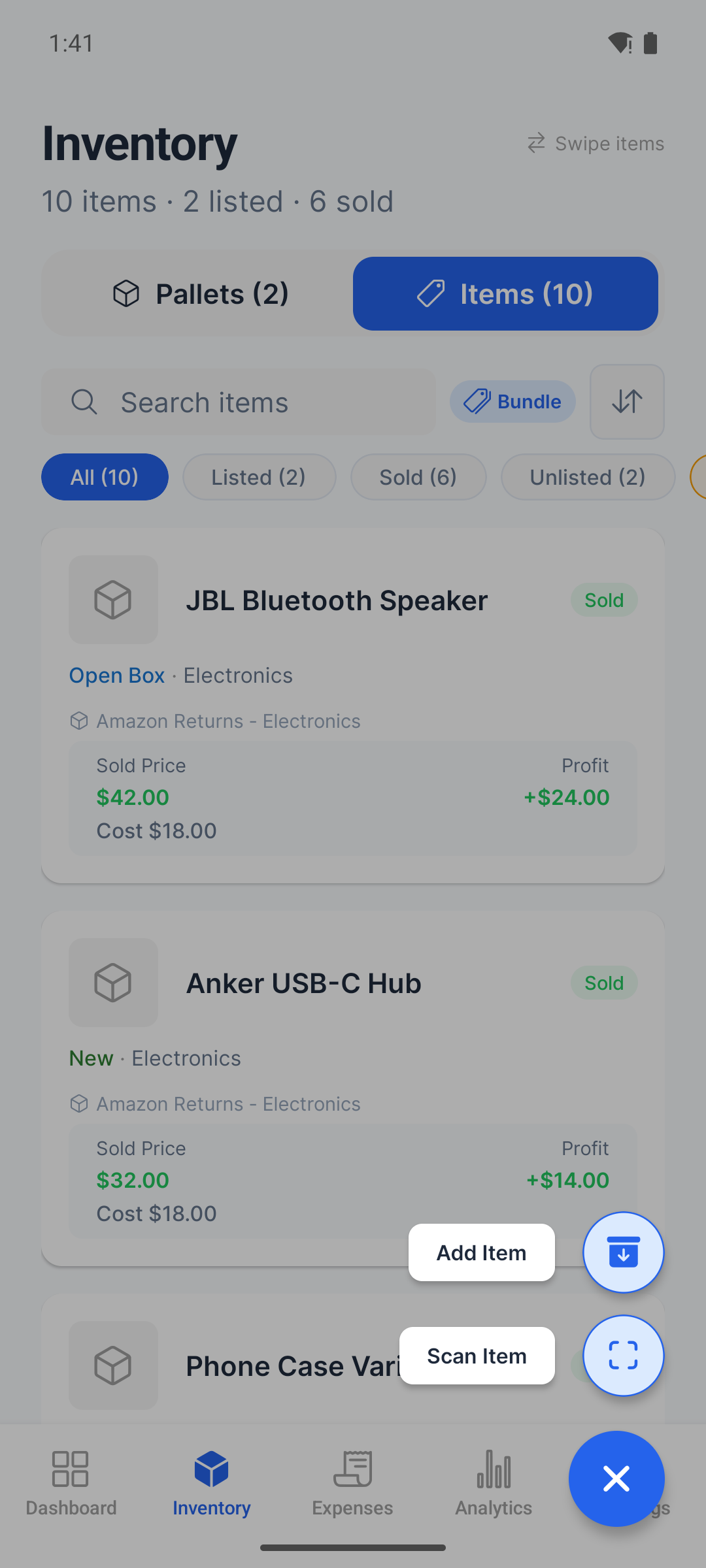 PalletPro action menu with Add Item and Scan Item buttons