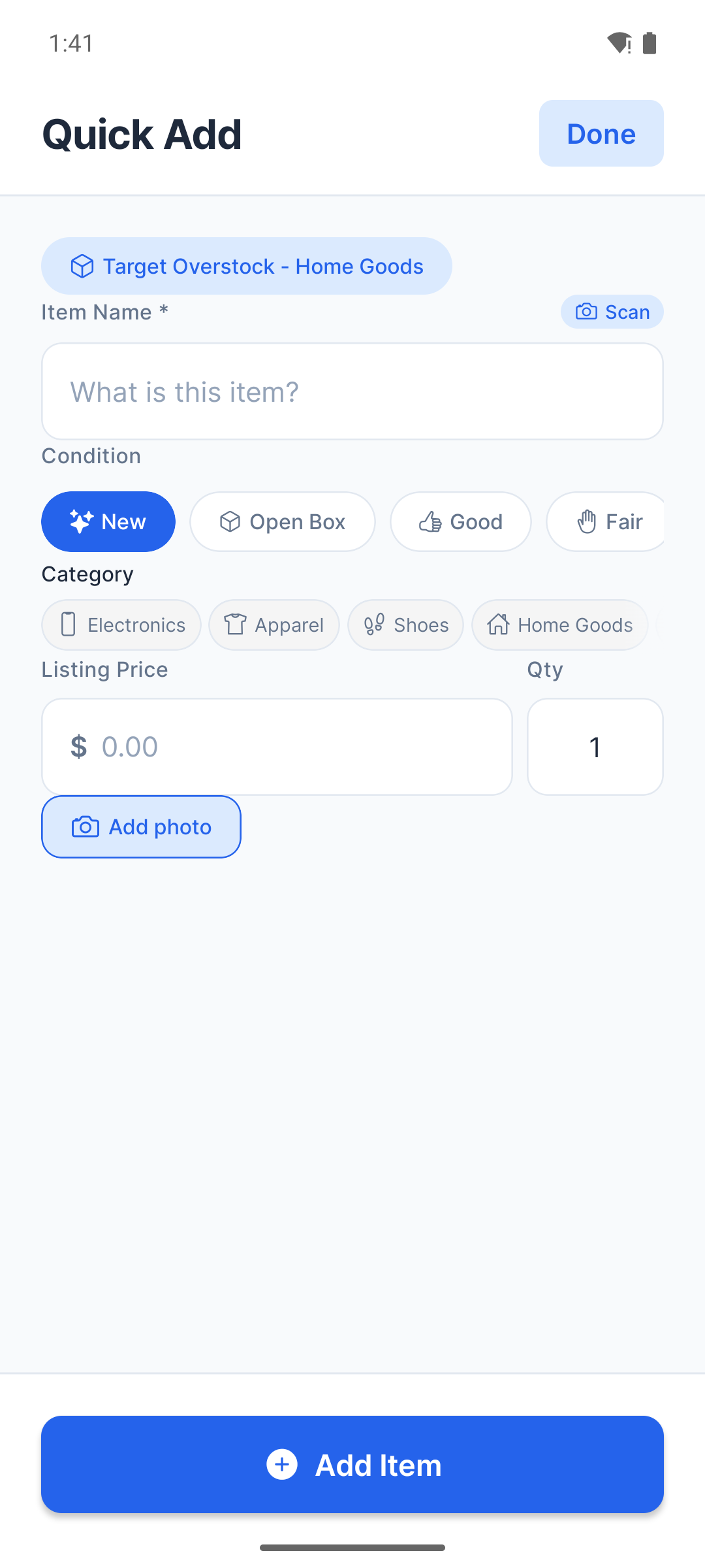 PalletPro Quick Add screen with source pallet, item name, and condition fields